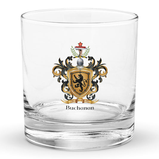 Buchanan Family Crest Rocks Glass on a white background featuring a black lion -Family Crests Store
