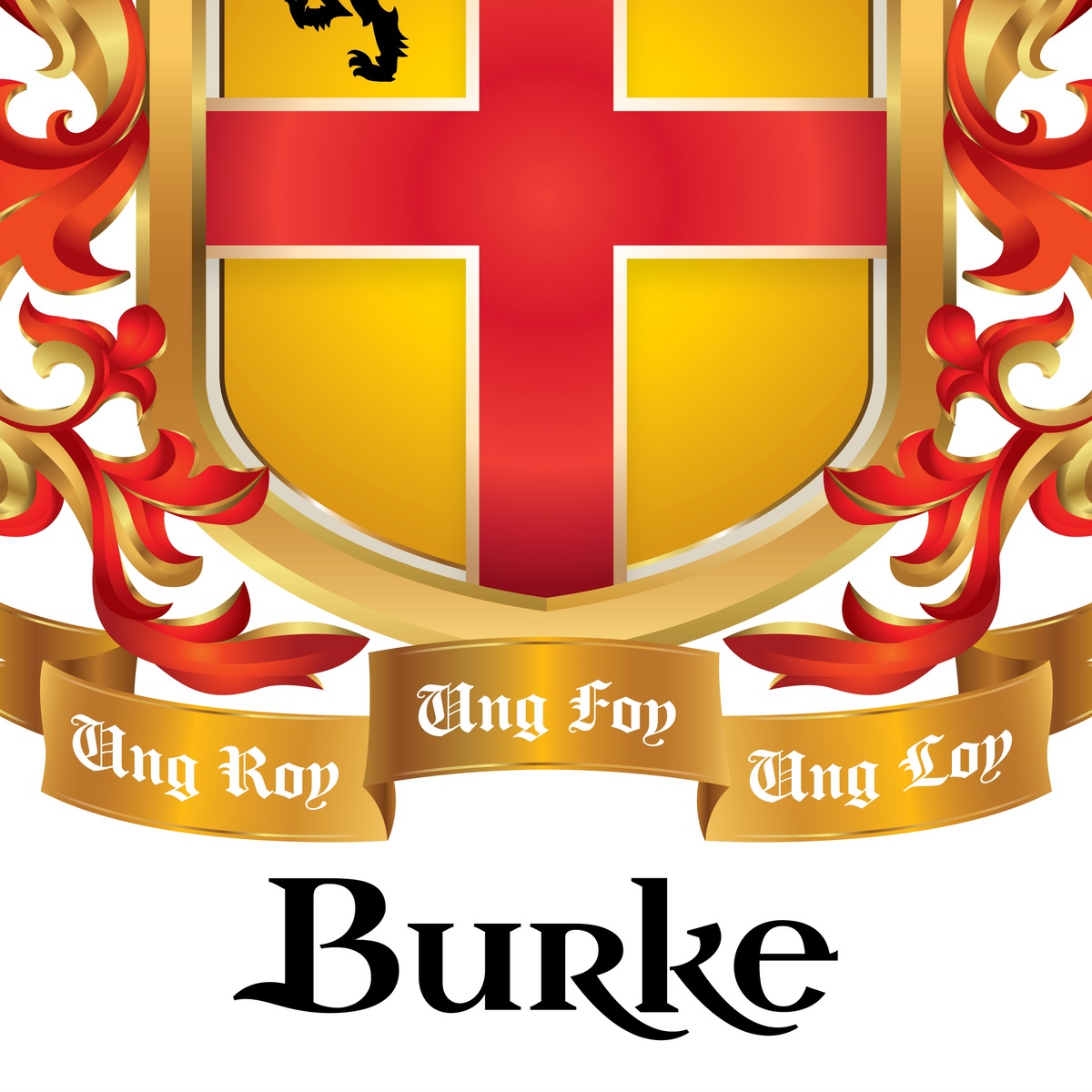 A close-up of the lower half of the Burke Family Coat of Arms featuring the name and motto