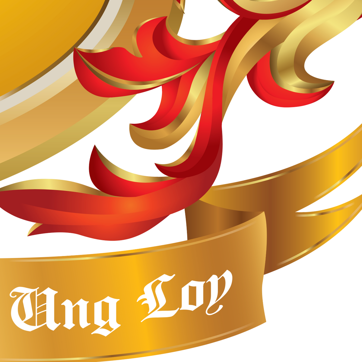 A close-up of the Burke Family Coat of Arms featuring part of a gold motto ribbon banner with the words 'Ung Loy' in white gothic lettering with red and gold mantling flowing above it.