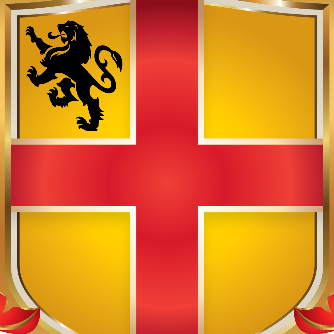 A close-up of the Burke Family Coat of Arms featuring a gold shield with a red cross.