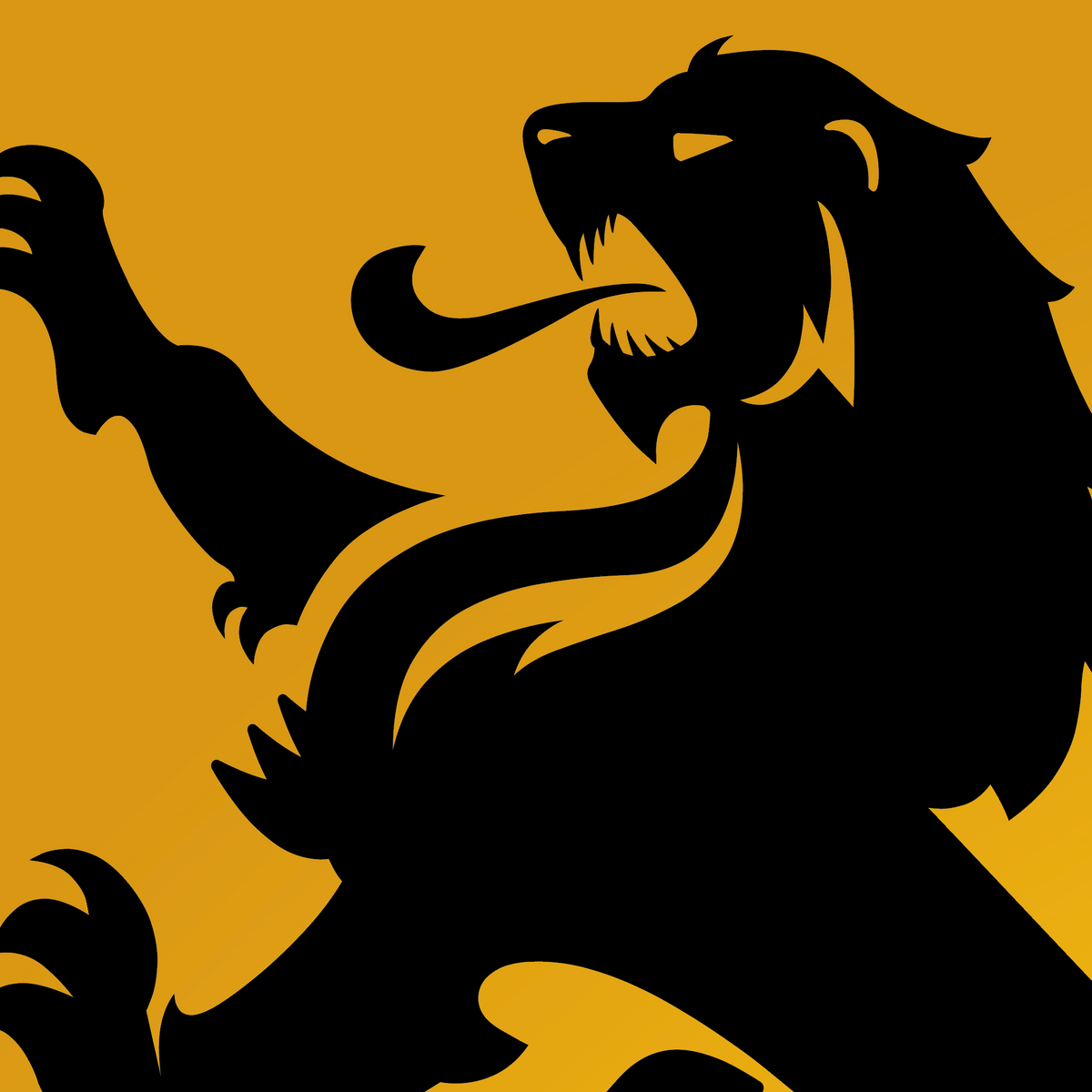 A close-up of the Burke Family Coat of Arms featuring a bold black lion rampant silhouette on a solid gold background.