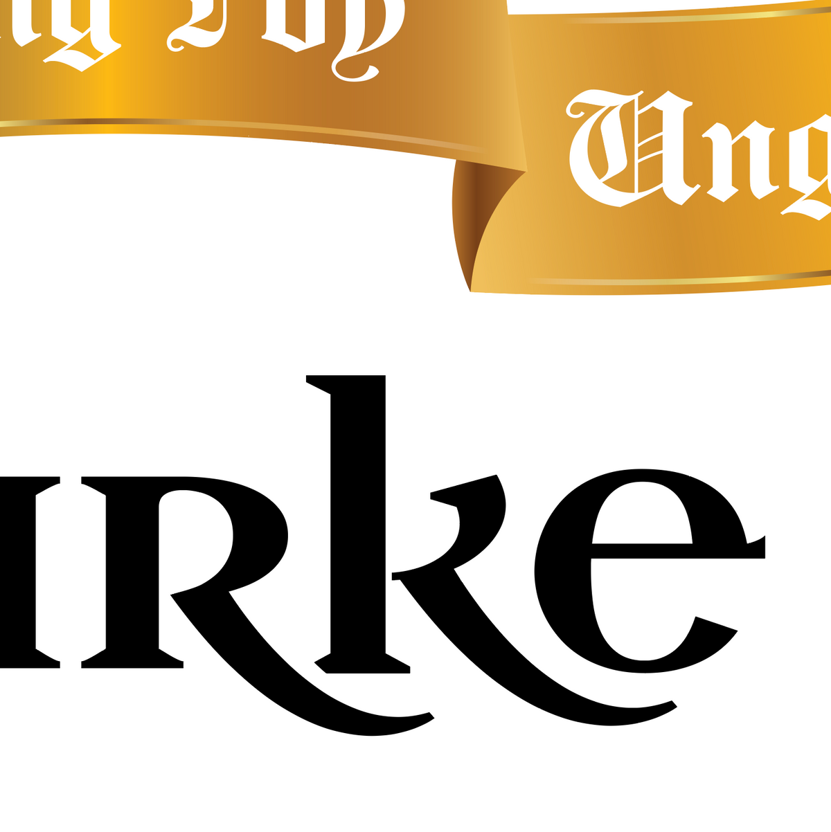 A close-up of the Burke Family Coat of Arms featuring the typographic harmony of the lettering if the letters r, k and e in the name Burke with part of the gold motto ribbon bove it.