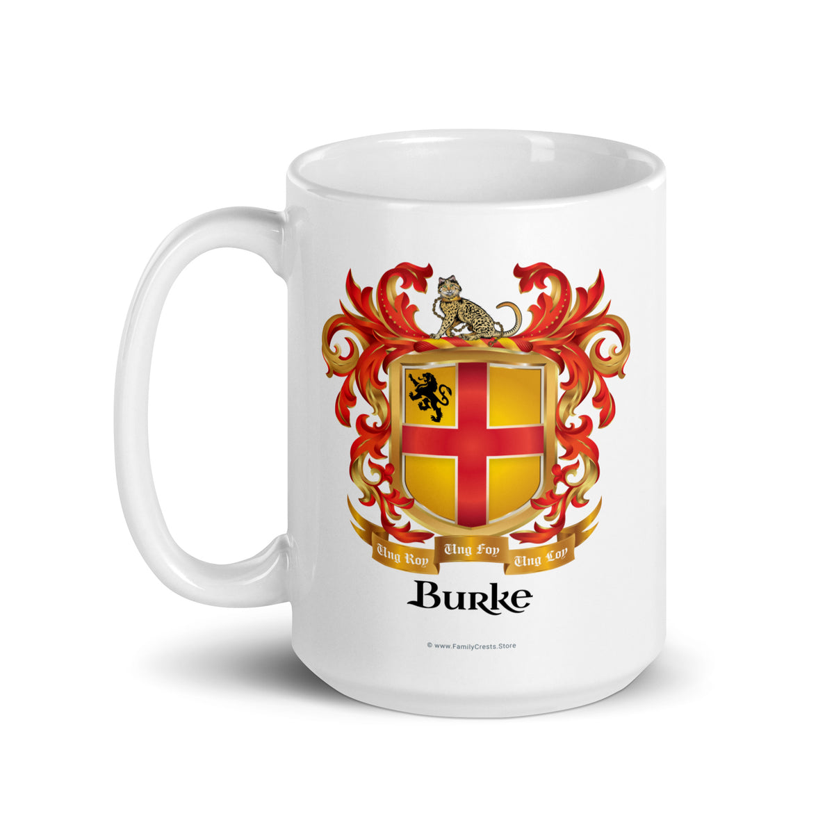 A white mug with handle to left, on a white background, printed with the Burke Family Crest featuring a gold shield with a red cross.
