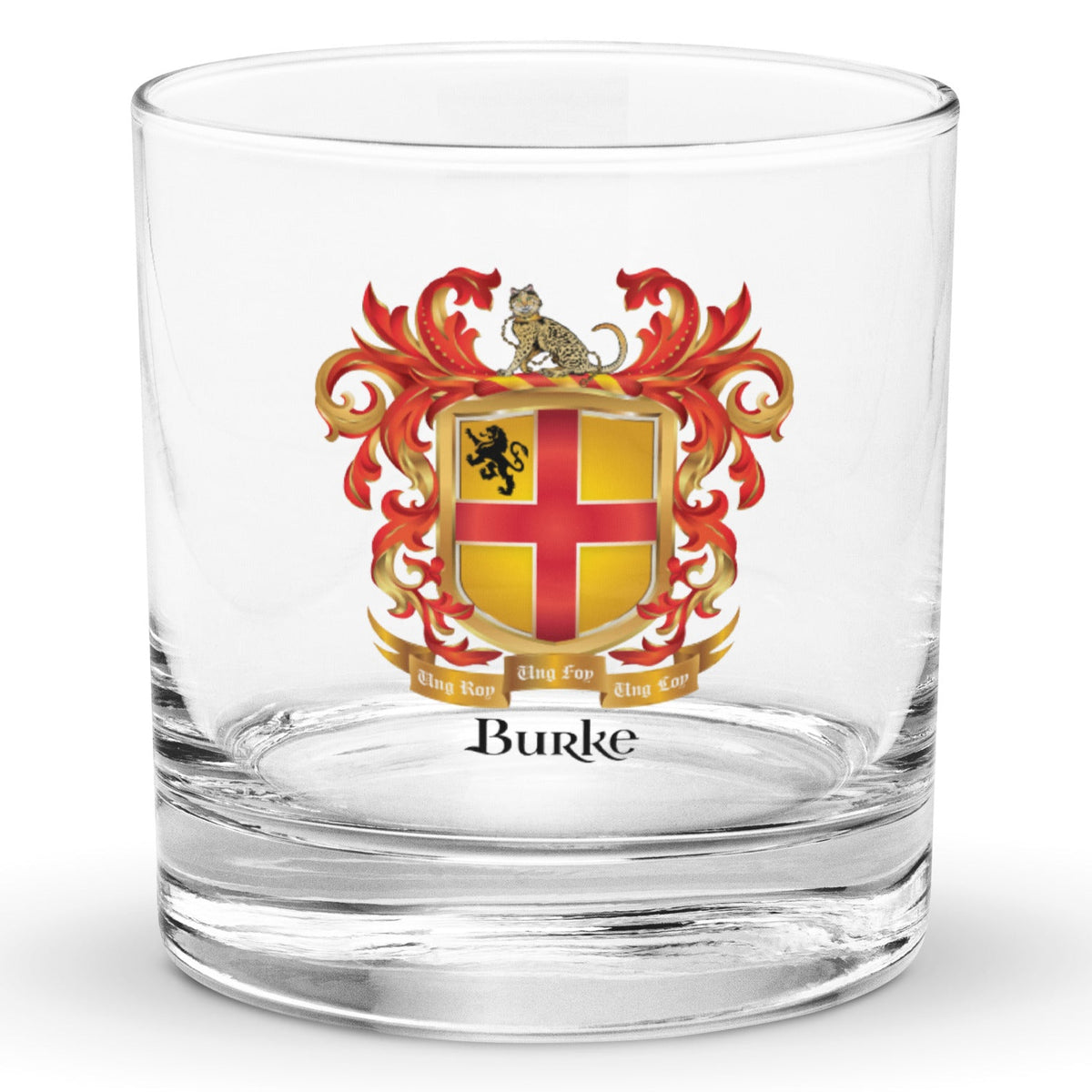 A clear classic heavy base rocks glass on a white background, printed with the Burke Family Crest featuring a gold shield with a red cross.