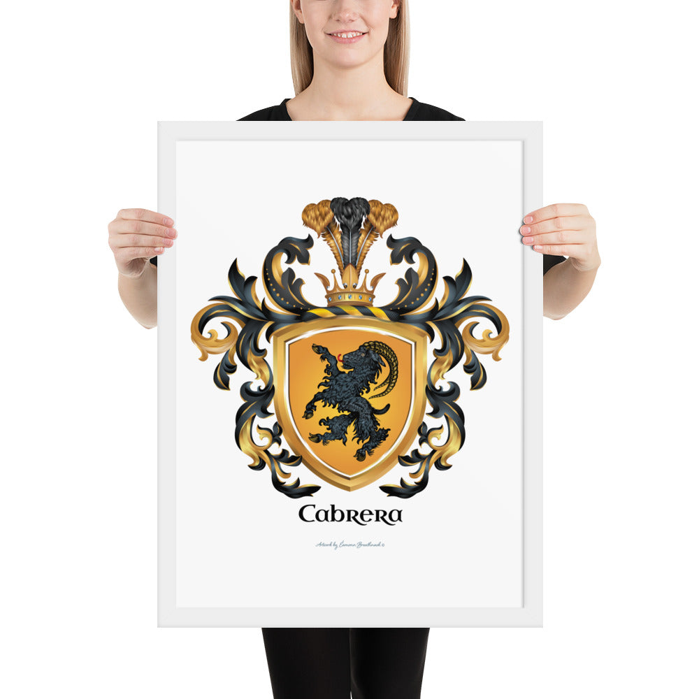 A woman holding a framed print of the Cabrera Family Crest featuring a black ibex