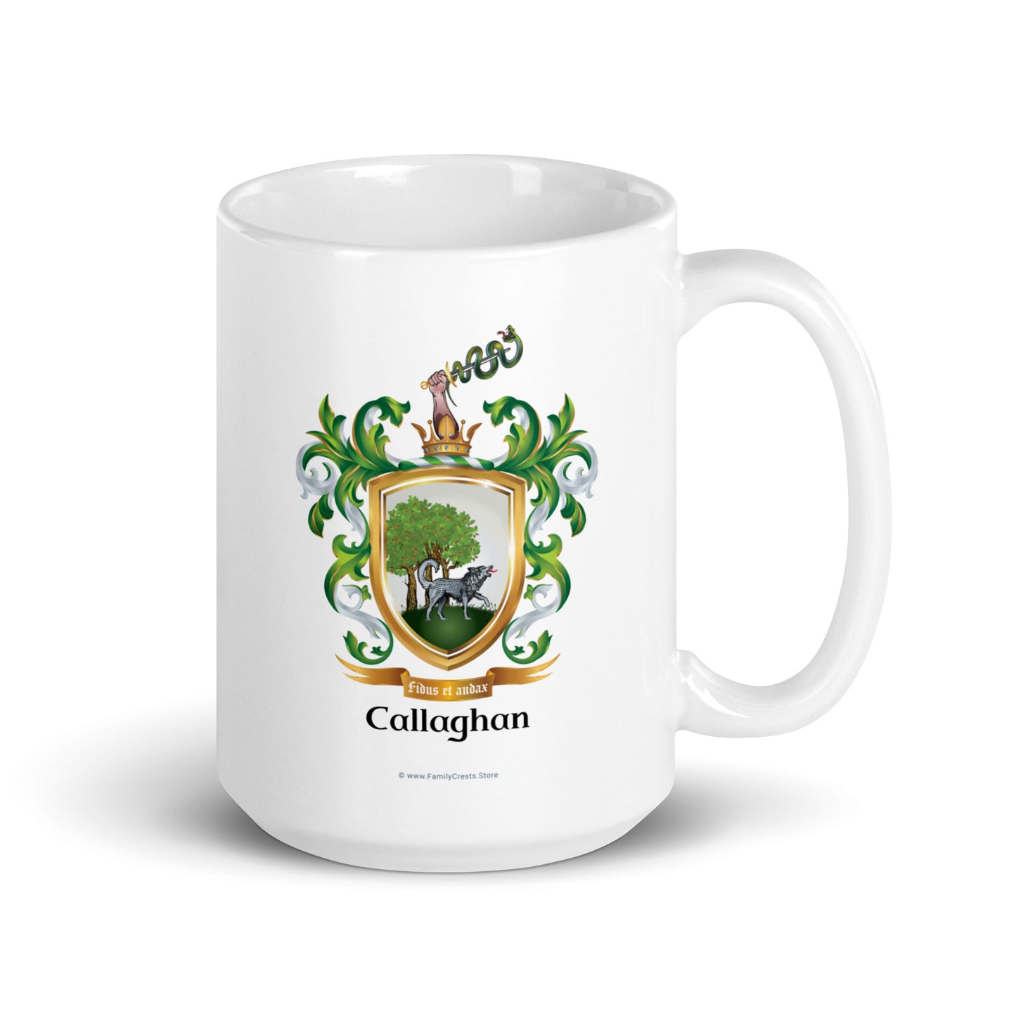 A white mug on a white background with the Callaghan Family Crest on the front of the mug