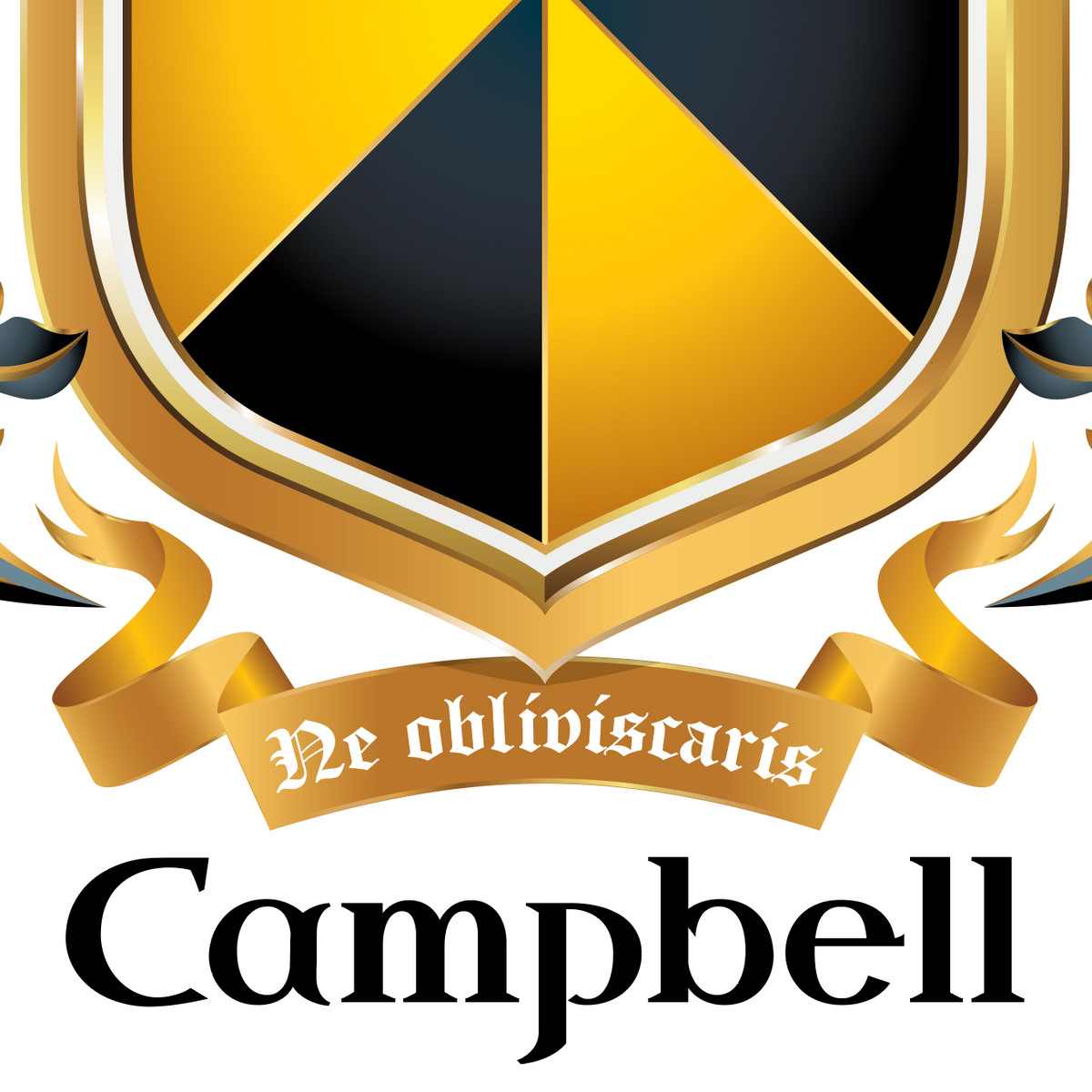 A closeup of the Campbell family crest with gold and black gyronny pattern and a gold motto ribbon reading 'Ne obliviscaris' above the word 'Campbell' in large black serif text on a white background.