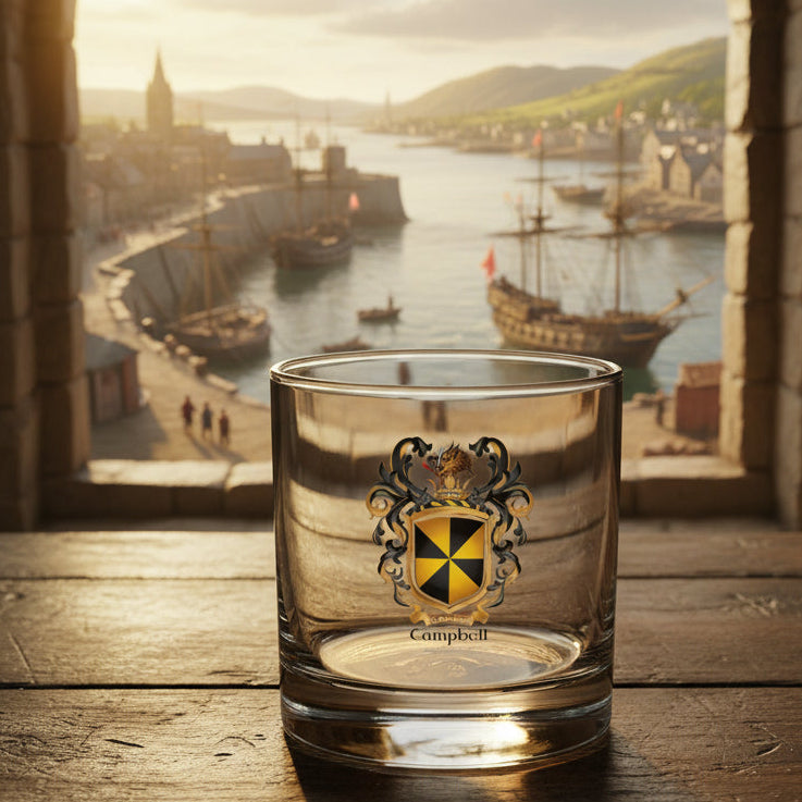 A Campbell Family Crest whisky glass on an old wooden table with a view of a port and ships in the background