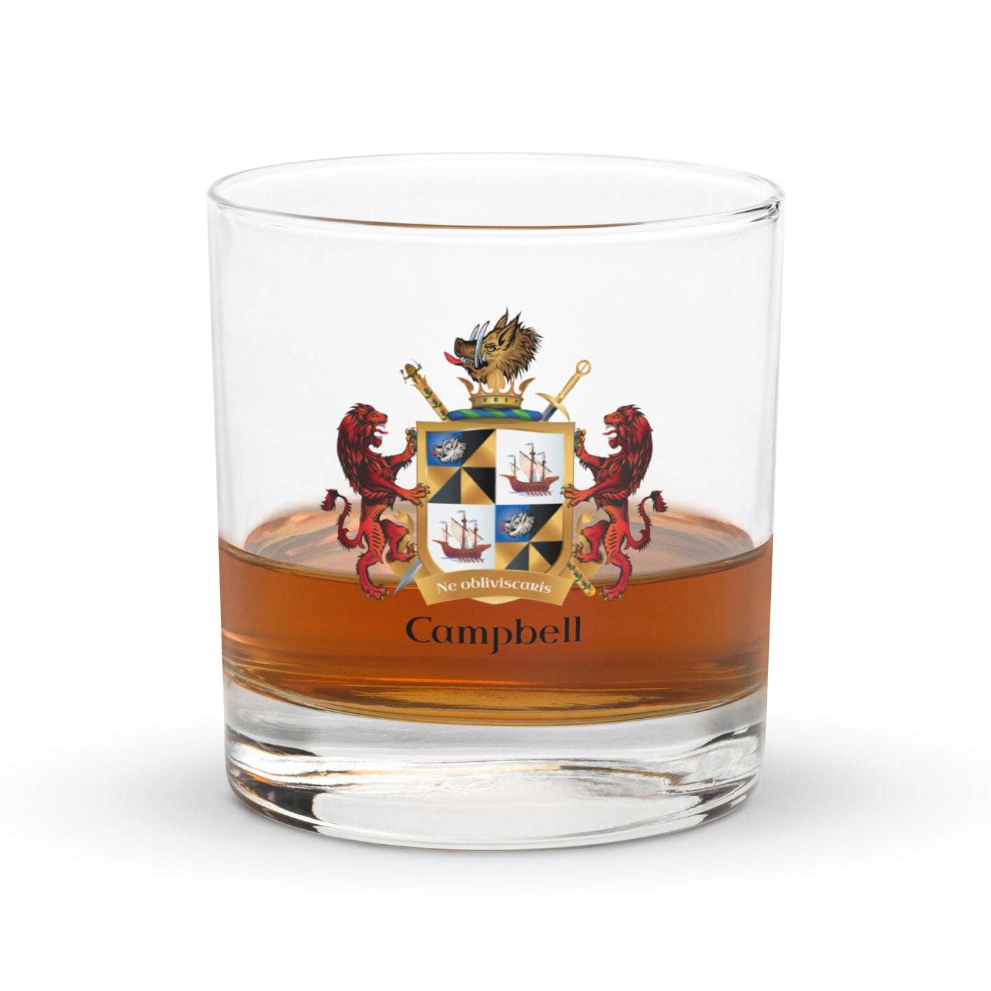 Campbell Family Crest Rocks Glass - with lions