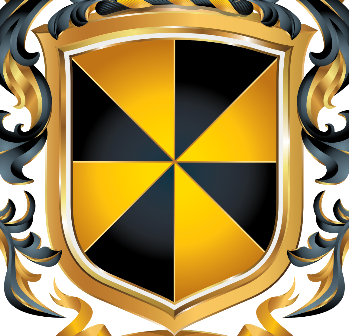 A closeup of the shield on the Campbell family crest with gold and black gyronny pattern 