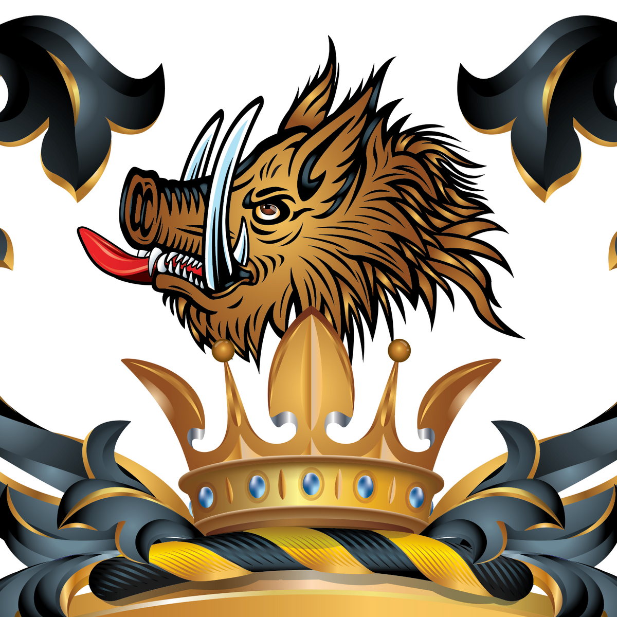A closeup of the Campbell family crest  featuring a brown boar head with white tusks and a red tongue, positioned above a gold crown and black-and-gold scrollwork on a white background.