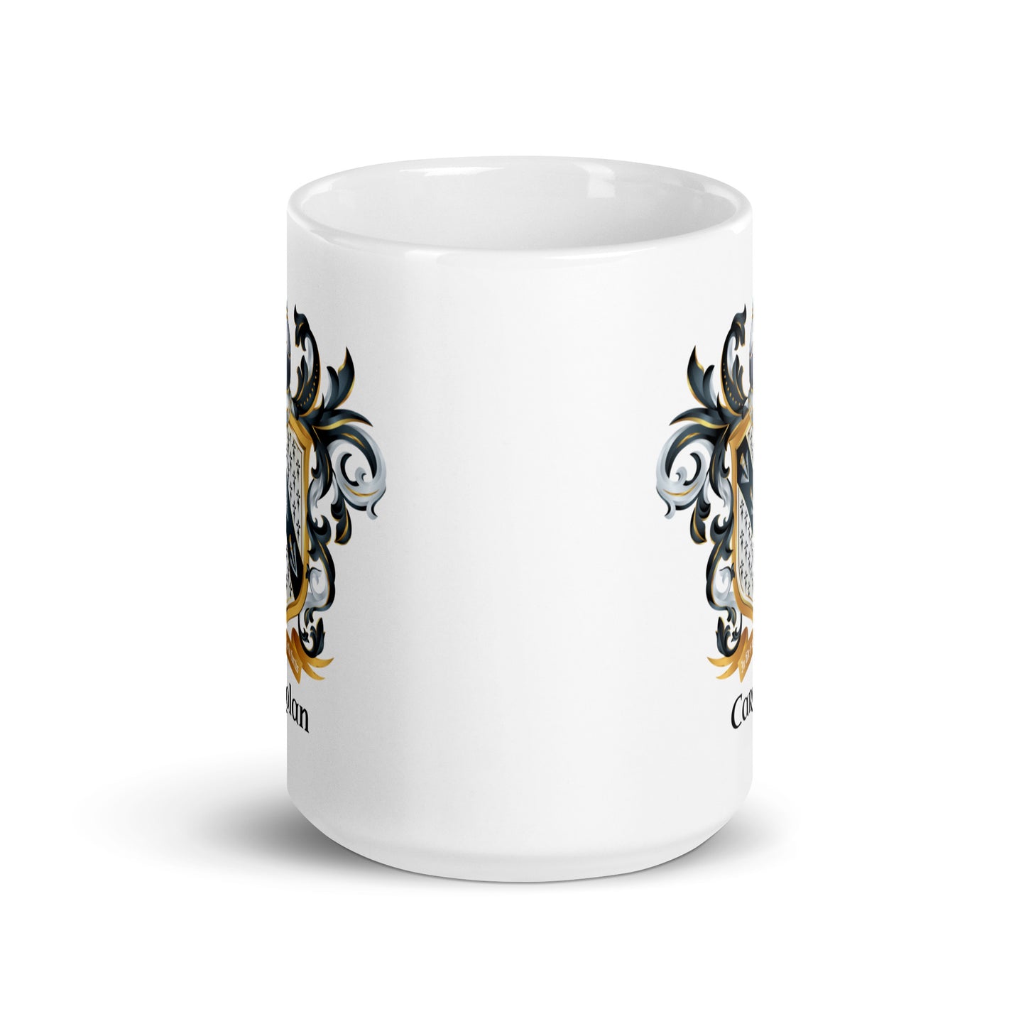 A white ceramic mug featuring a decorative crest design printed on the side, shown against a plain white background.