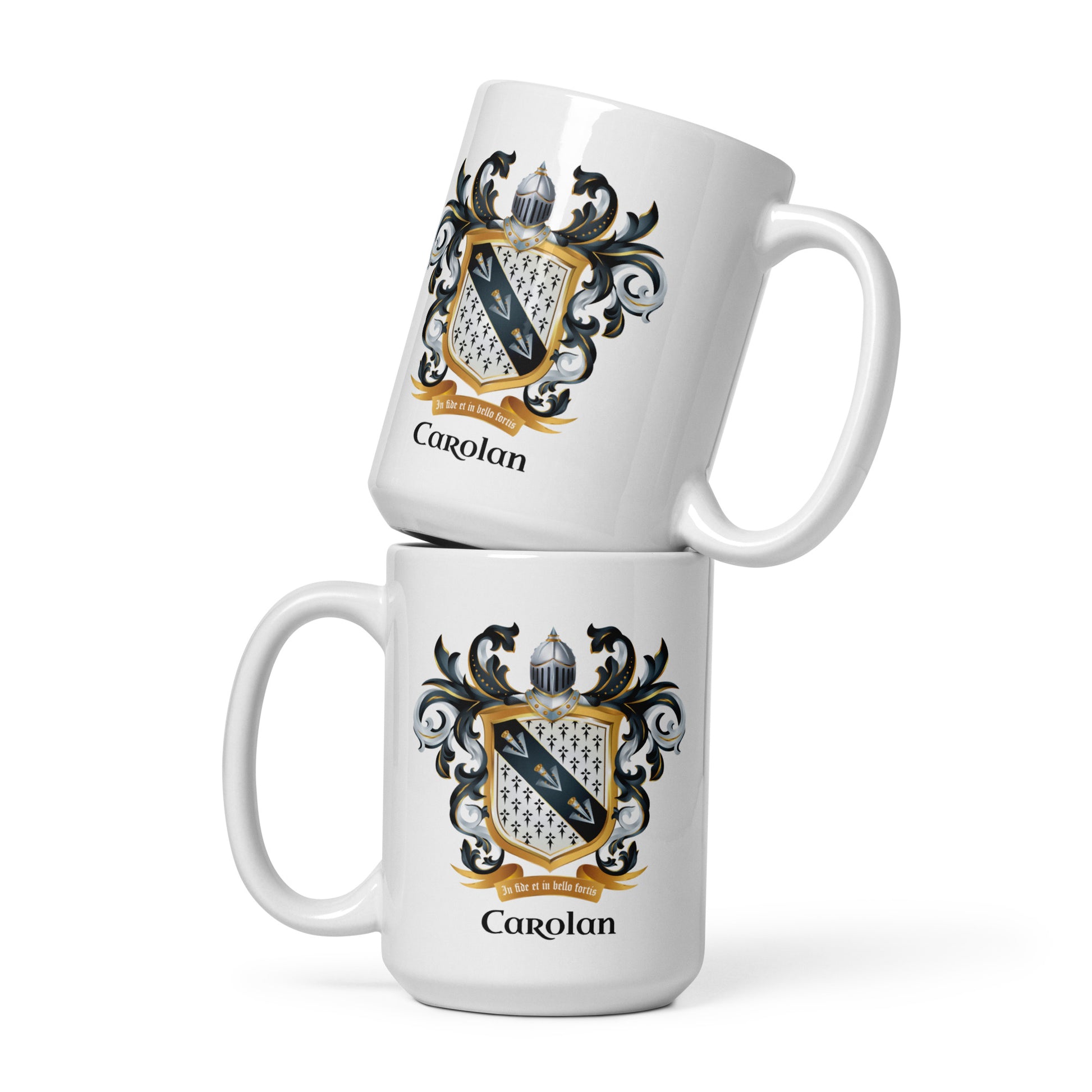 Two stacked white mugs with Carolan family crest design on a white background