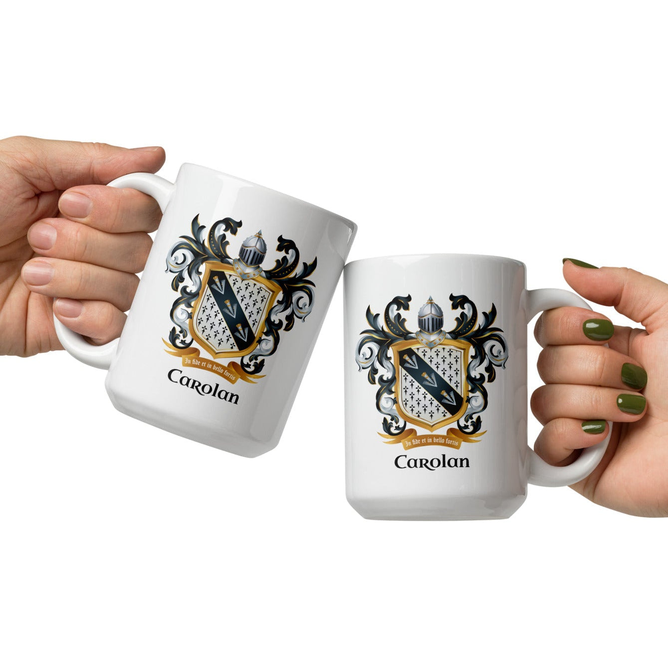 Two hands holding Carolan-Family-Crest-mugs tuching in a 'cheers' jesture