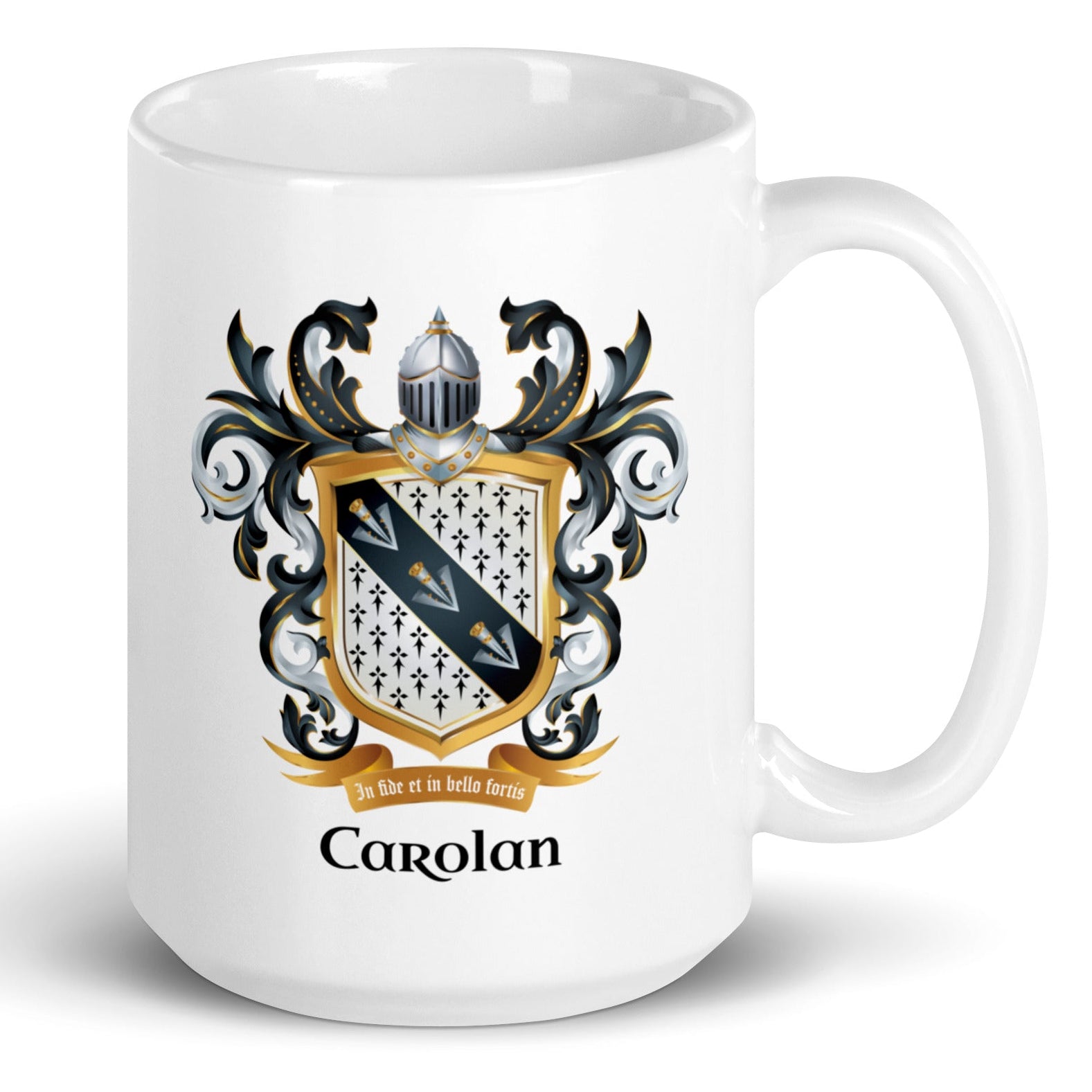 A white ceramic mug featuring the Carolan family crest printed on the front, with the name 'Carolan' written below in black. The crest includes a silver helmet, black and gold mantling, 3 arrows on a black diagonal band across a white shield with a checkered ermine pattern.