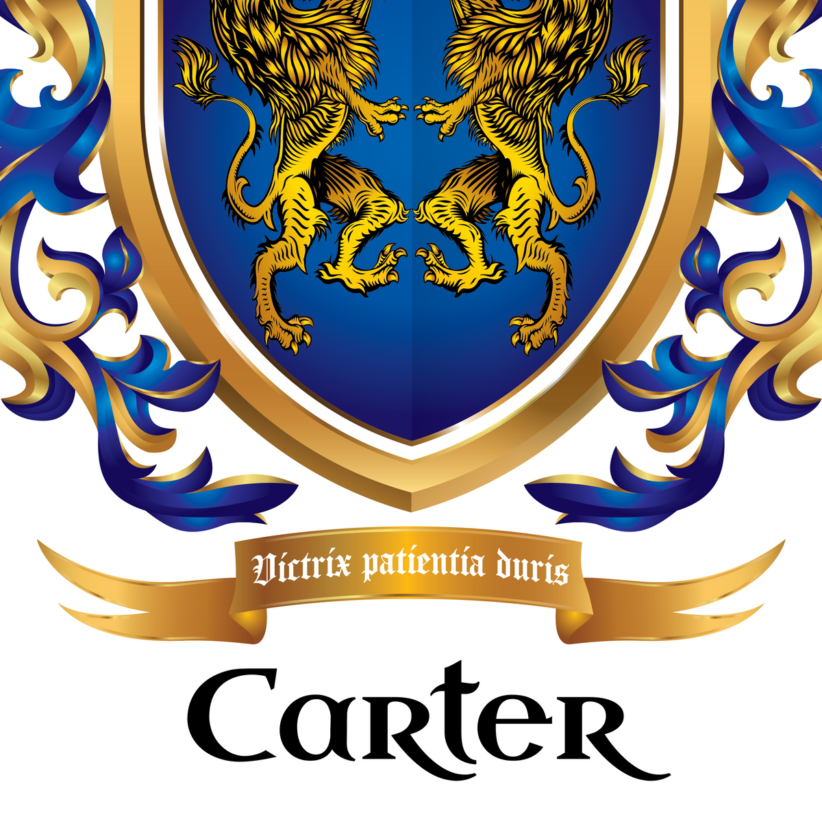 A close up of the Carter Family Crest with two gold lions on a blue shield, framed by blue and gold mantling, with a gold motto banner reading 'Victrix patientia duris' and the name Carter in black text below on a white background.
