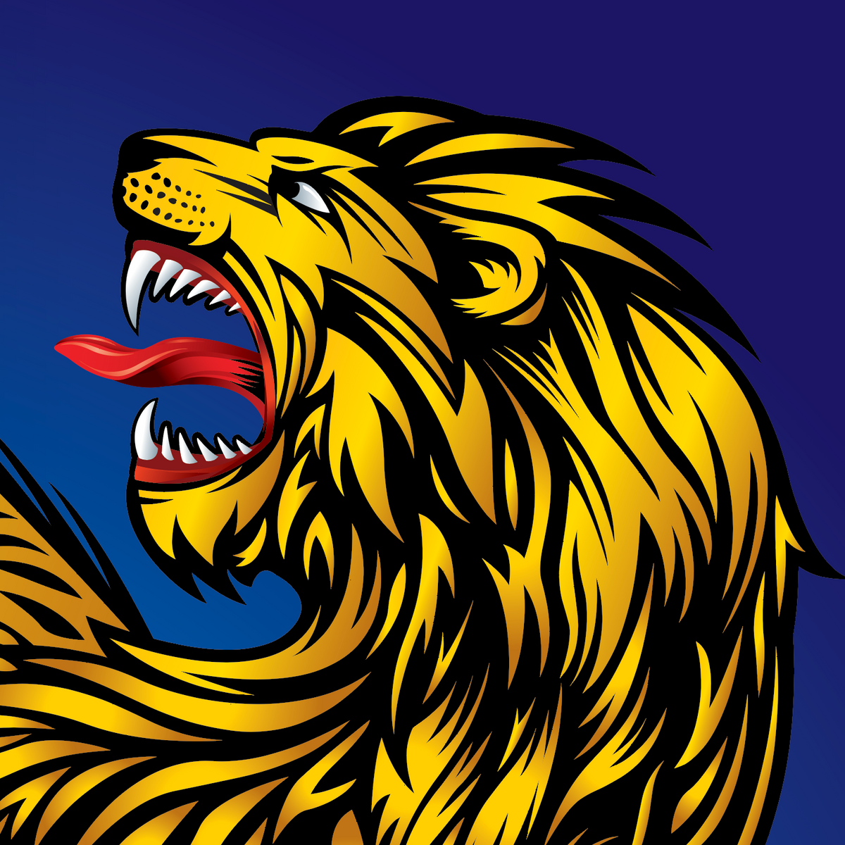 A close up of the Carter Family Crest with  a stylized roaring lion illustration in bright golden tones with black outlines, white teeth, and a red tongue on a dark blue background.