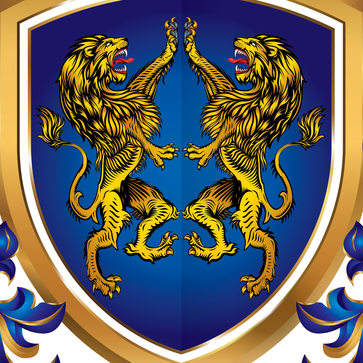 A close up of the Carter Family Crest featuring two golden lions facing each other on a deep blue background, framed by a gold border with blue and gold decorative flourishes.
