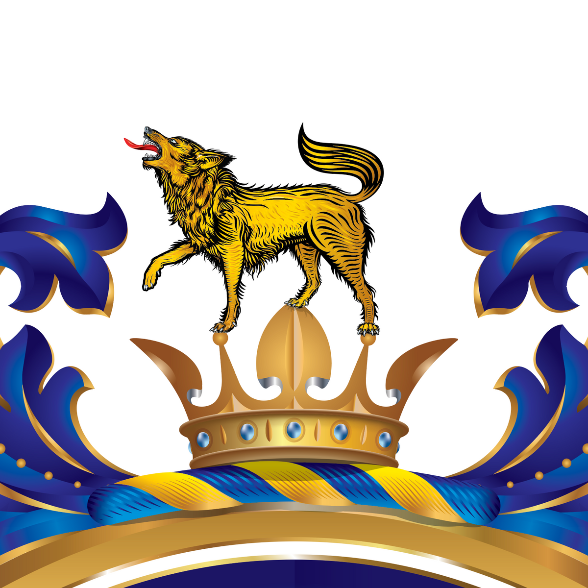 A close up of the Carter Family Crest featuring a golden wolf above a crown, with blue and gold decorative flourishes and a blue-and-gold striped cusion base.