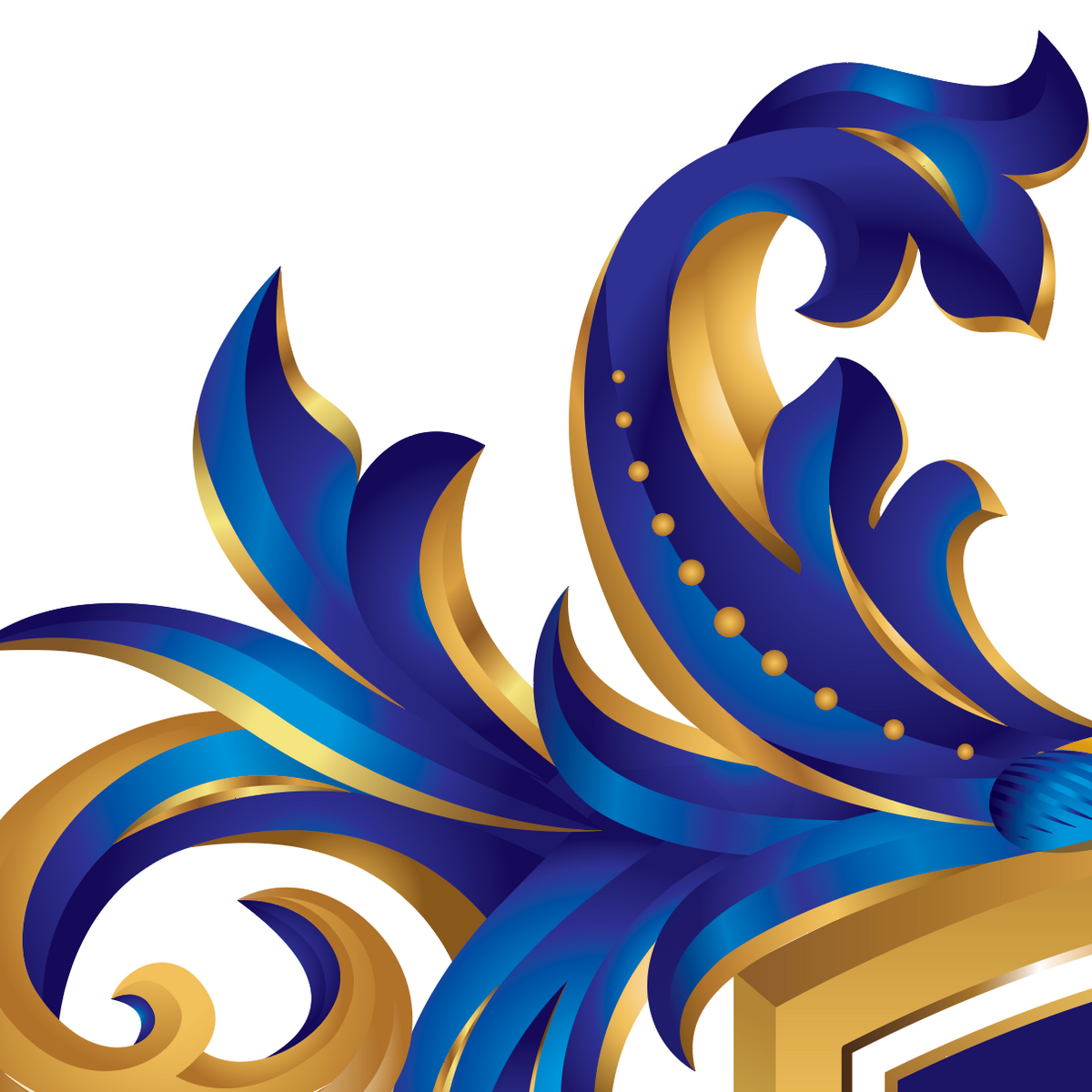A close up of the Carter Family Crest with  ornate baroque-style mantling detail featuring sweeping blue and gold scrollwork with a small portion of a dark blue shield and gold border visible at the bottom right, isolated on a white background.