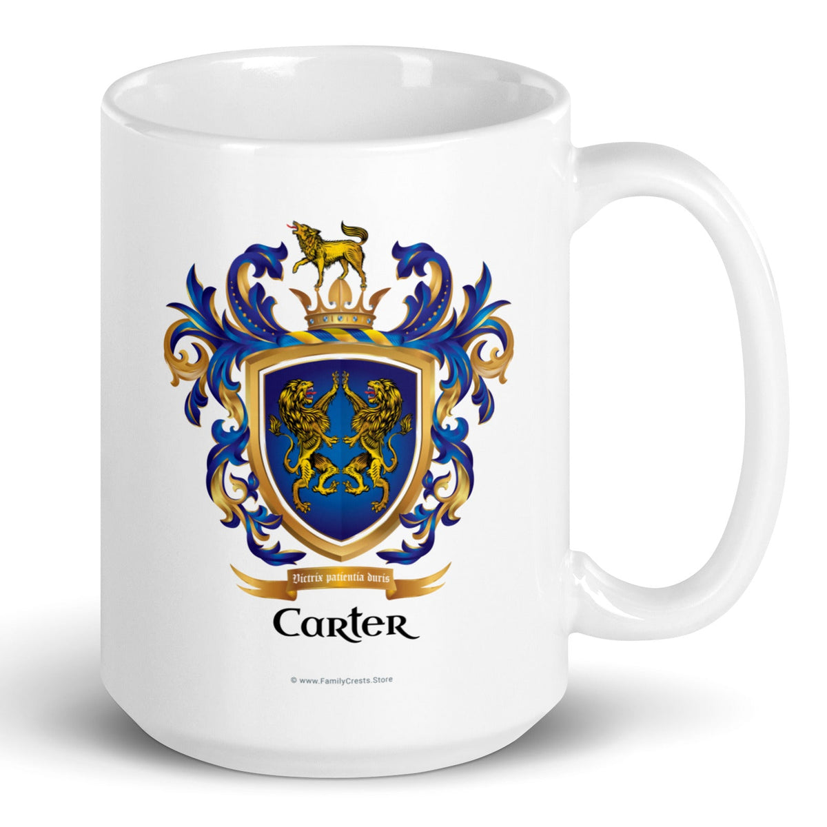A white mug on a white background, printed with the Carter Family Crest featuring 2 lions on a blue shield and a wolf on a crown on the crest above the shield.