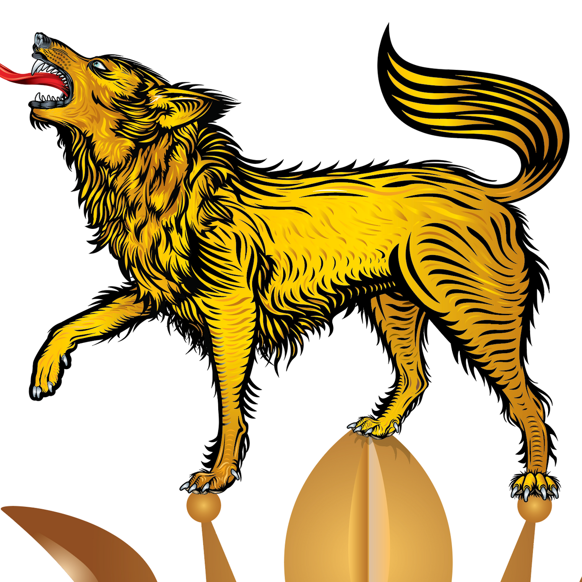 A stylized golden wolf with a red tongue above a gold crown on a white background.