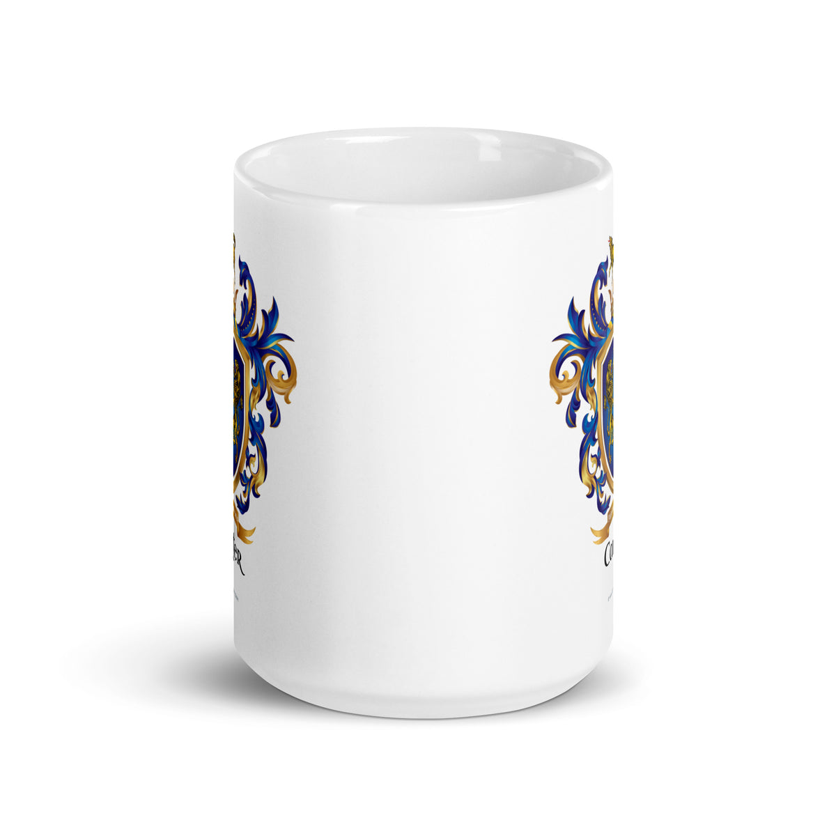 Whit muf with Carter Family Crest appearing on 2 sides