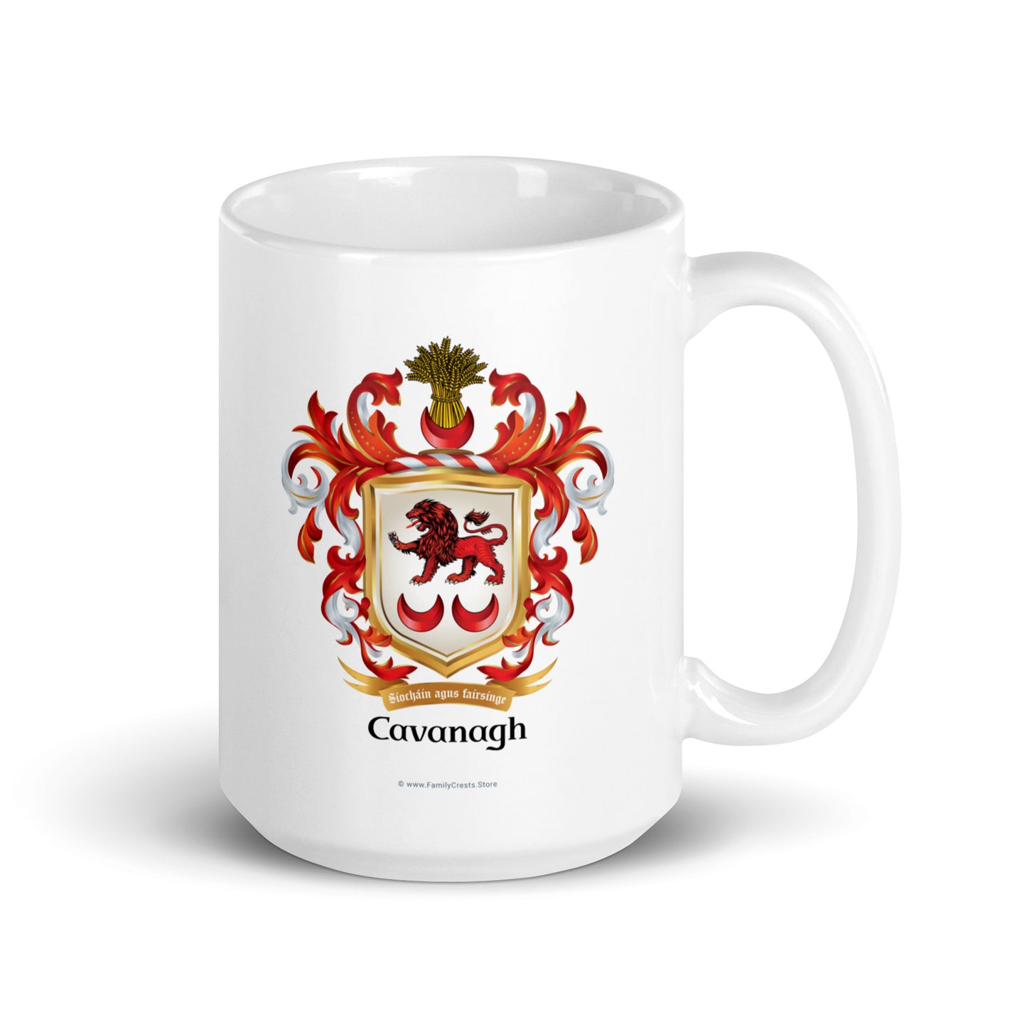 A white ceramic mug featuring the Cavanagh family crest printed on the front, with the name 'Cavanagh' written below. The crest includes a red lion and two crescent shapes, with wheat above a shield.