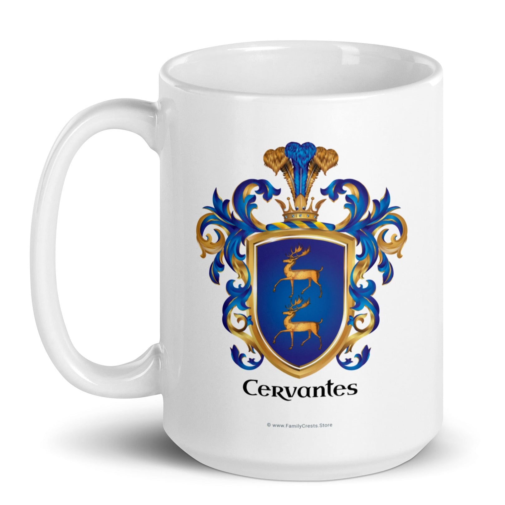 A white ceramic mug featuring the Cervantes coat of arms, set against a clean white background with a soft shadow.
