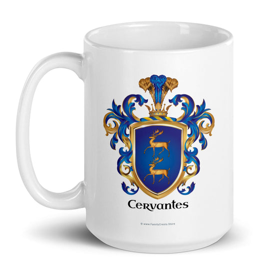 A white ceramic mug featuring the Cervantes coat of arms, set against a clean white background with a soft shadow.