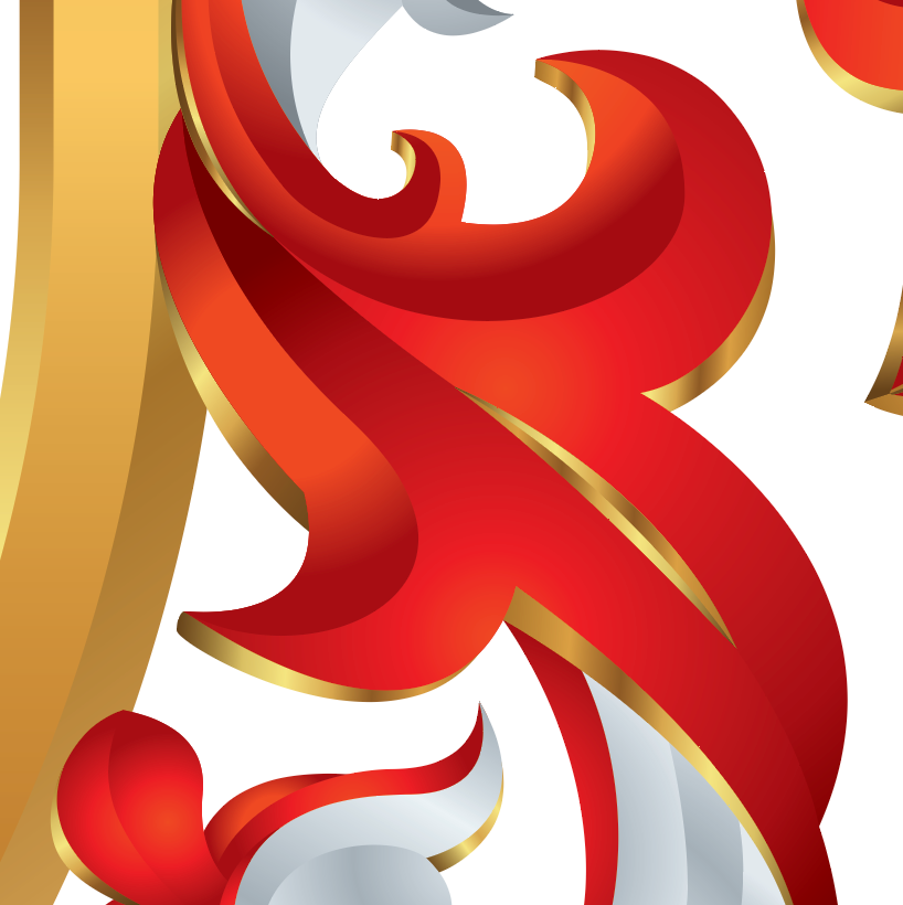 Decorative red and gold design on a white background