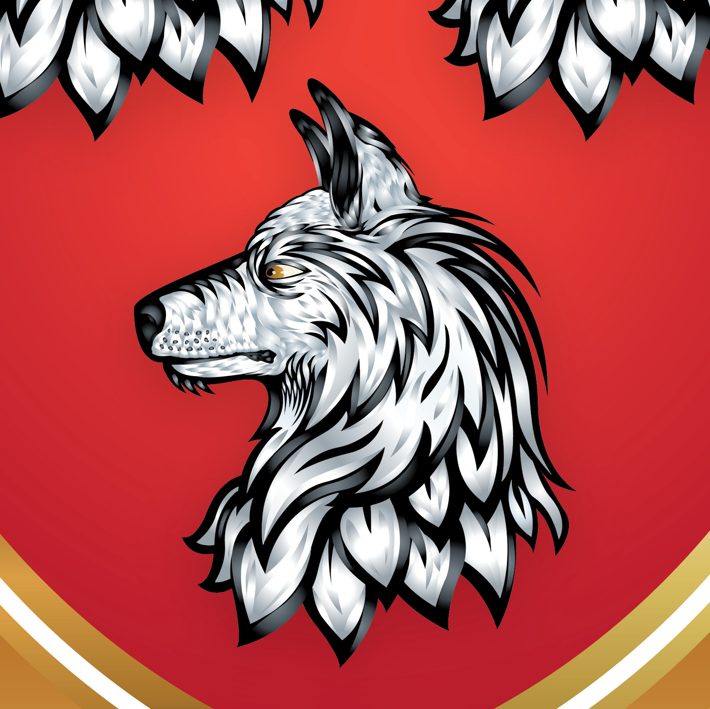 Detail from Robertson Family Crest mug, wolf head design on a red background with gold accents