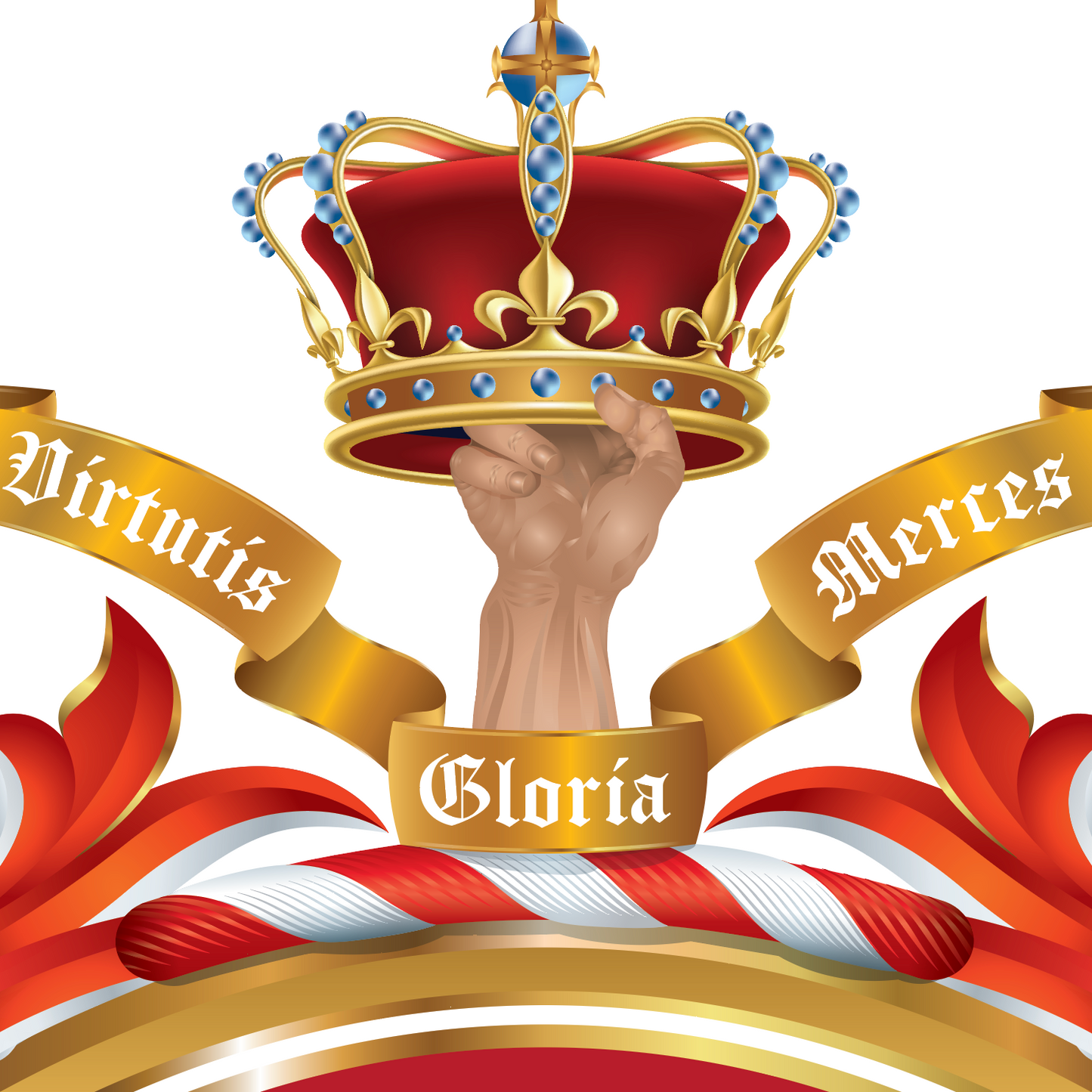 Decorative design with a crown, hand, and text on a white background
