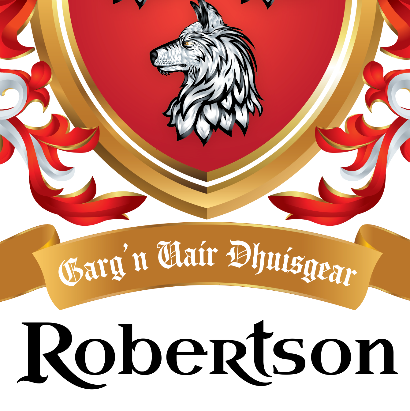Coat of arms with a wolf head on a red shield, decorative elements, and the name 'Robertson' below.