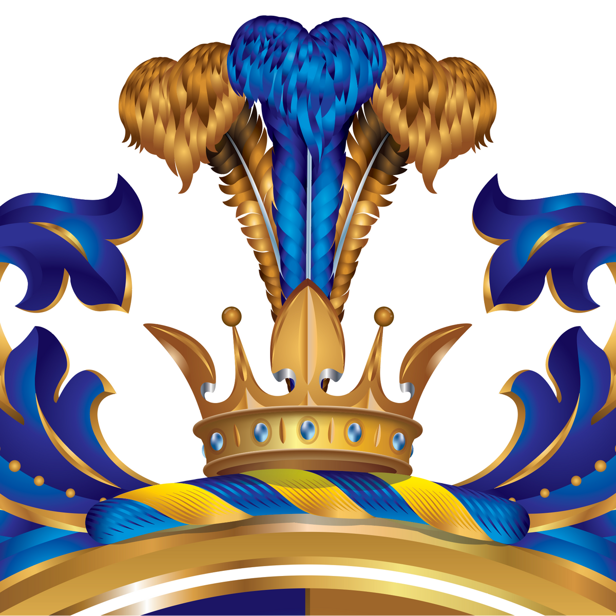 A closeup up segment of the Hansen family crest focusing on a gold crown, blue and gold feathers and blue and gold mantling on a white background.