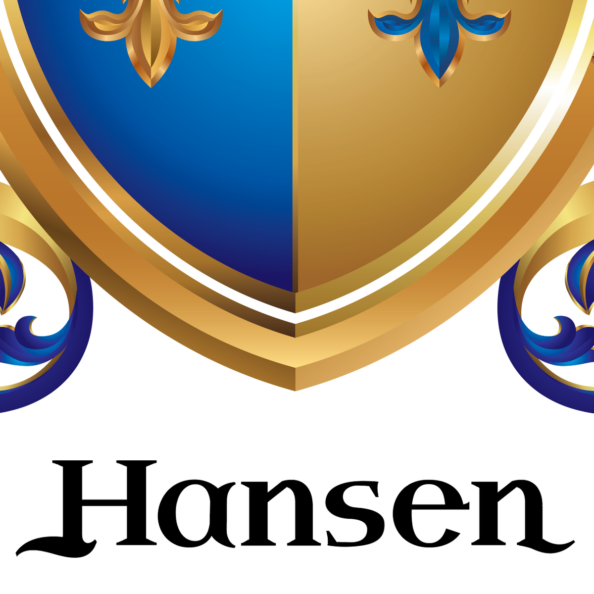A closeup up segment of the Hansen family crest with a split blue and gold shield, ornate gold and blue mantling, and the name 'Hansen' in black script below on a white background.