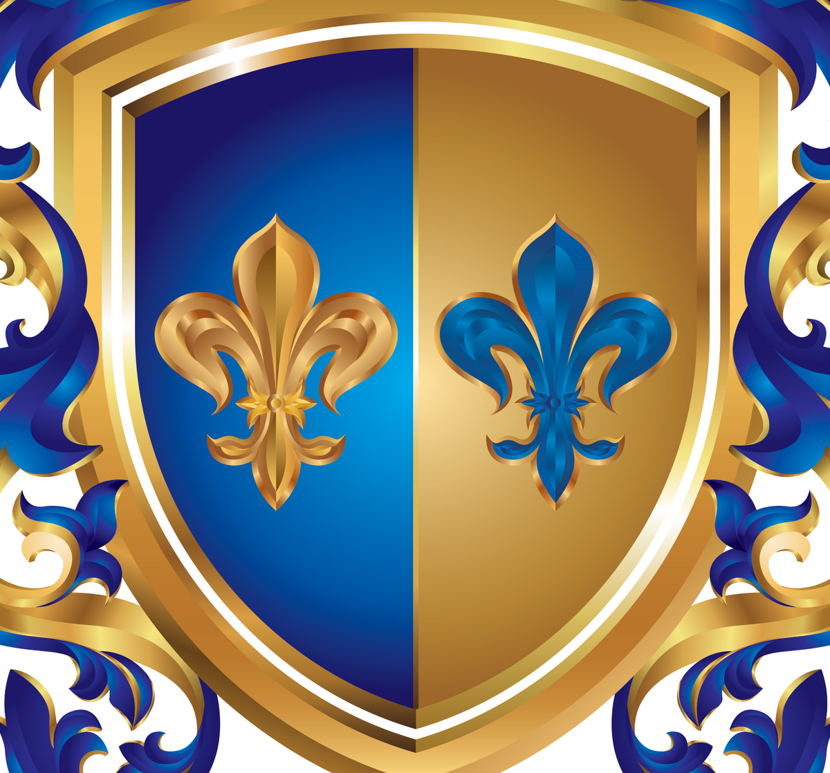 A closeup up segment of the Hansen family crest heraldic shield featuring a vertical split design of royal blue and gold, with a gold fleur-de-lis on the blue side and a blue fleur-de-lis on the gold side. The shield is framed by ornate gold scrollwork and blue flourishes on a white background.