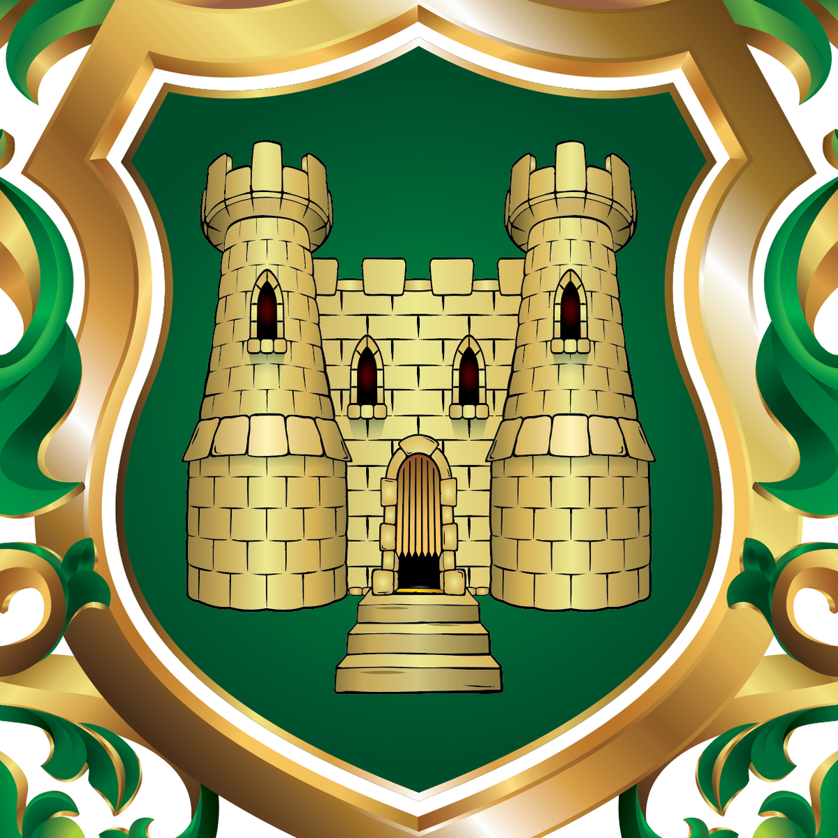 A closeup of the Xavier coat of arms heraldic shield featuring a golden castle on a green background, surrounded by an ornate gold border with green and gold decorative flourishes on a white field.