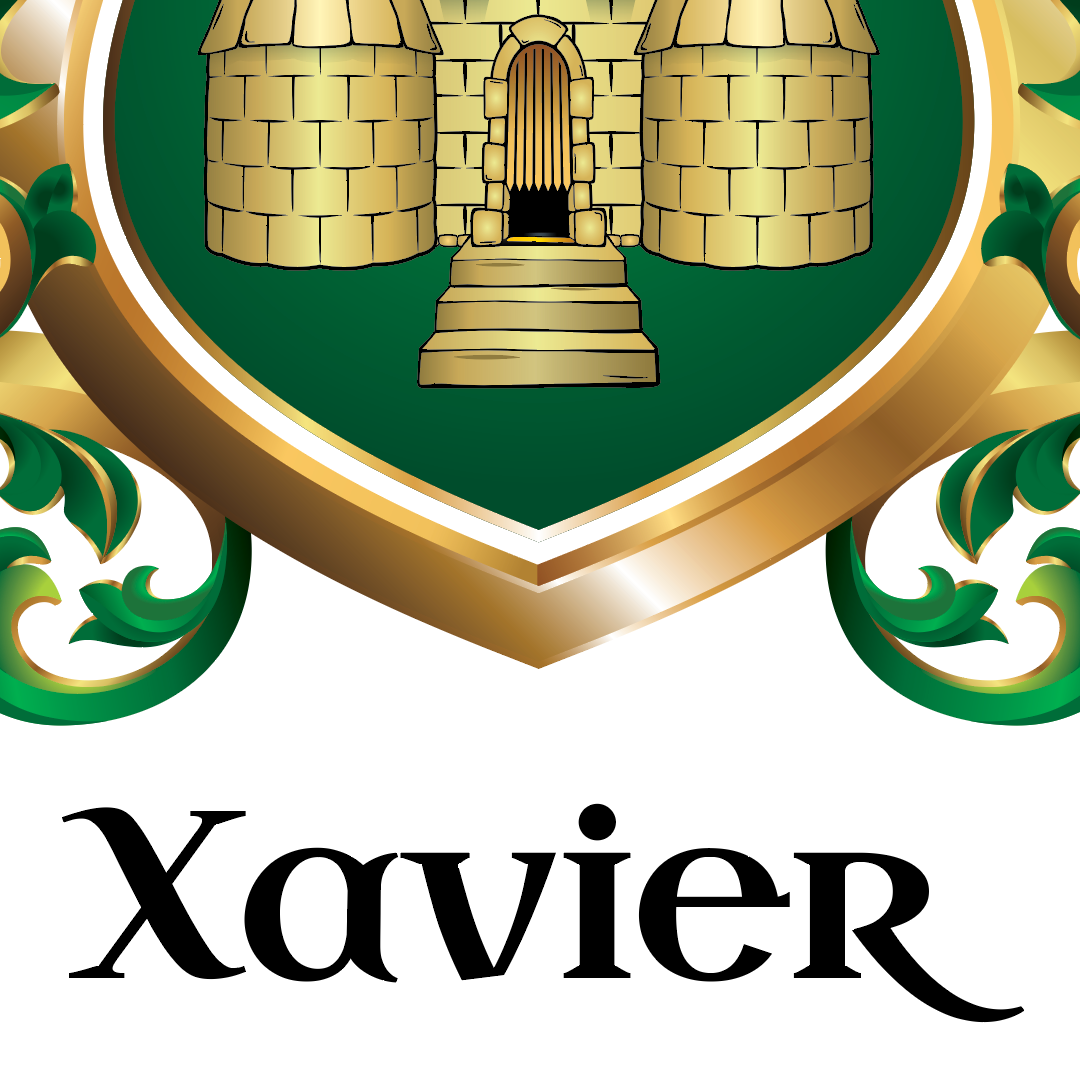 A heraldic-style crest with a gold castle inside a green shield, framed by a gold border and green scrollwork, above the word 'Xavier' in black serif text on a white background.