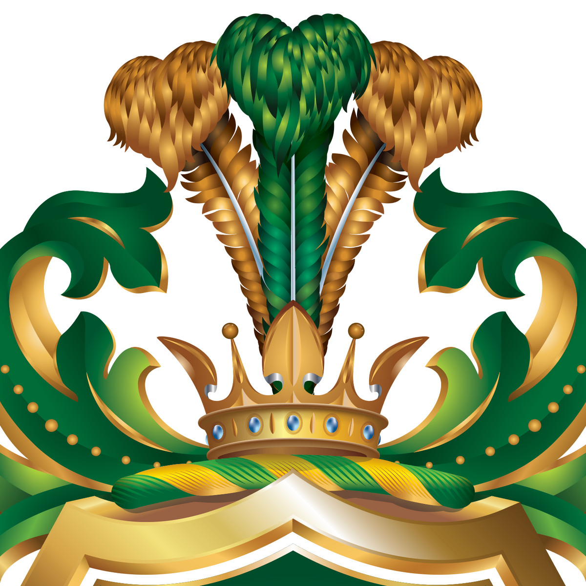A closeup of the Xavier coat of arms on a plain white background, featuring a gold crown, green and gold leaf-like scrollwork, and three feather-like plumes in green and gold.
