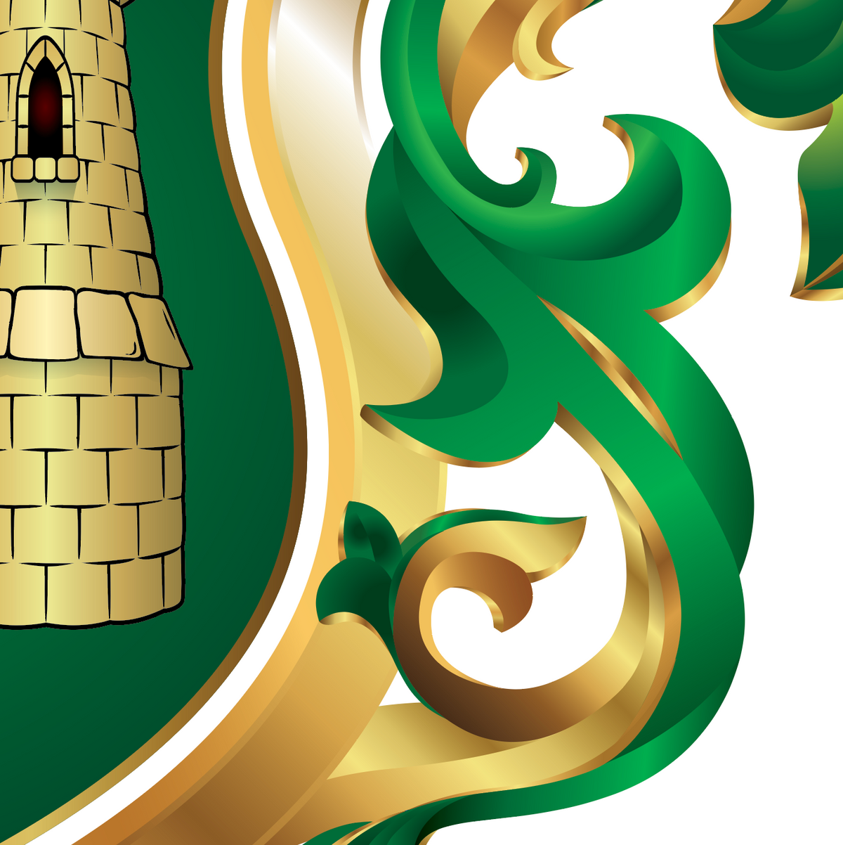 A closeup of the Xavier coat of arms  featuring a green background, a gold stone tower on the left, and ornate green and gold mantling on the right.