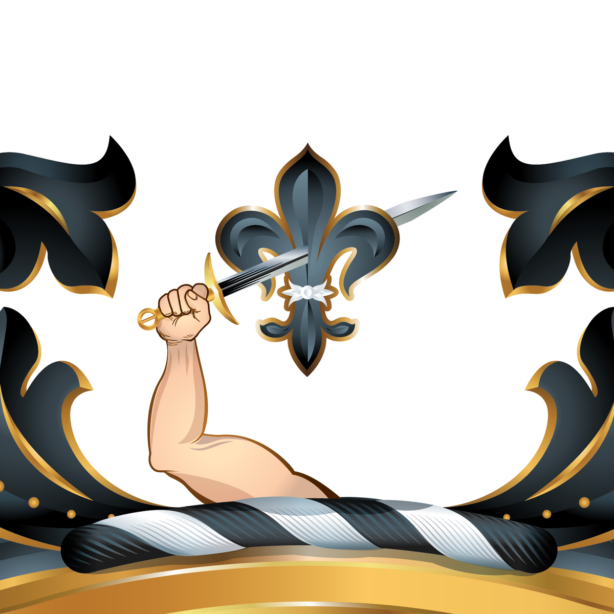 A closeup of a coat of arms featuring a raised human arm with a sword pierced through a fleur-de-lis, with ornate black and gold mantling  on a white background.