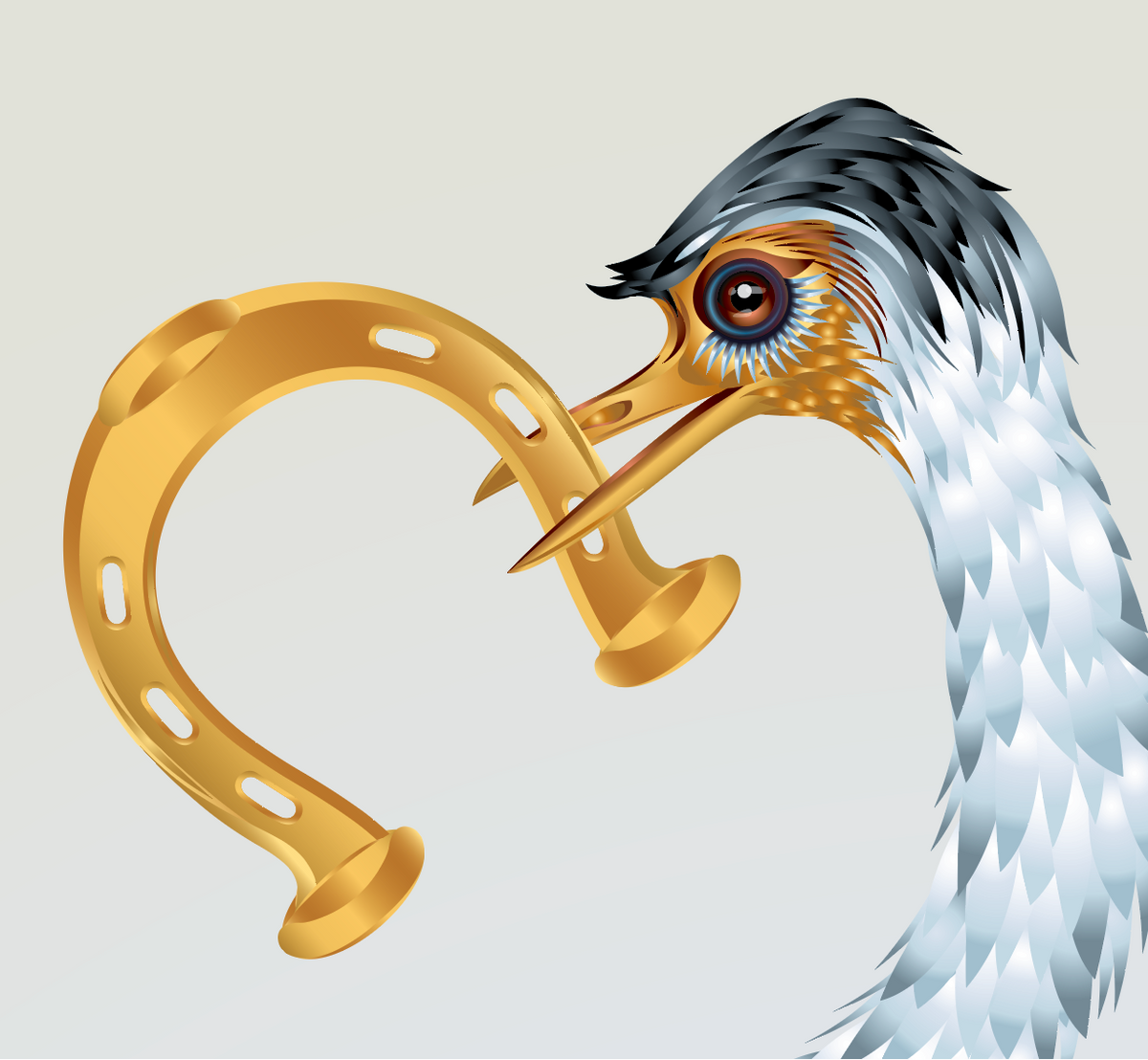 A stylized illustration of a bird with a long white and gray neck and dark head, holding a gold horseshoe like a trumpet against a light gray background.