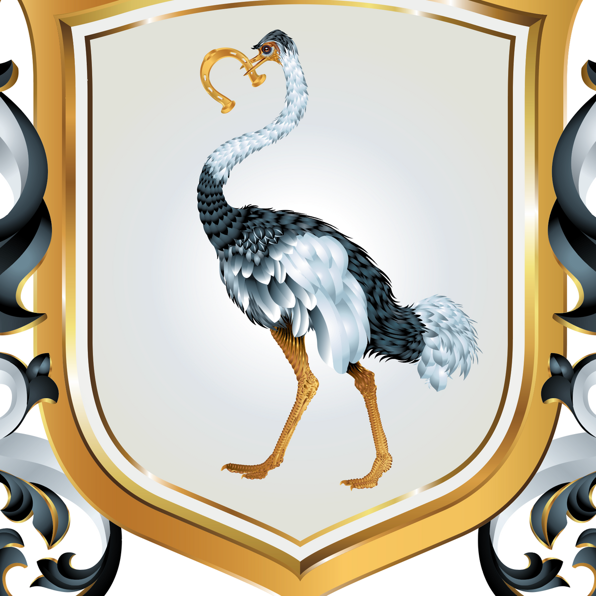 A heraldic shield illustration featuring a stylized ostrich with black, white, and gray feathers, yellow legs, and a curved golden horn in its beak. The shield is framed in gold with ornate black and silver scrollwork on a white background.