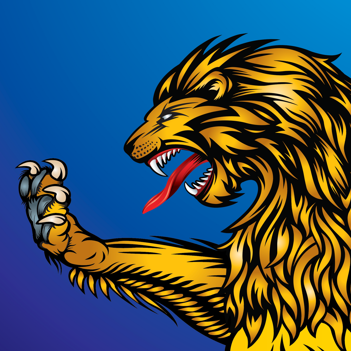 A stylized vector illustration of a roaring lion in shades of yellow and brown with black outlines, set against a blue gradient background.