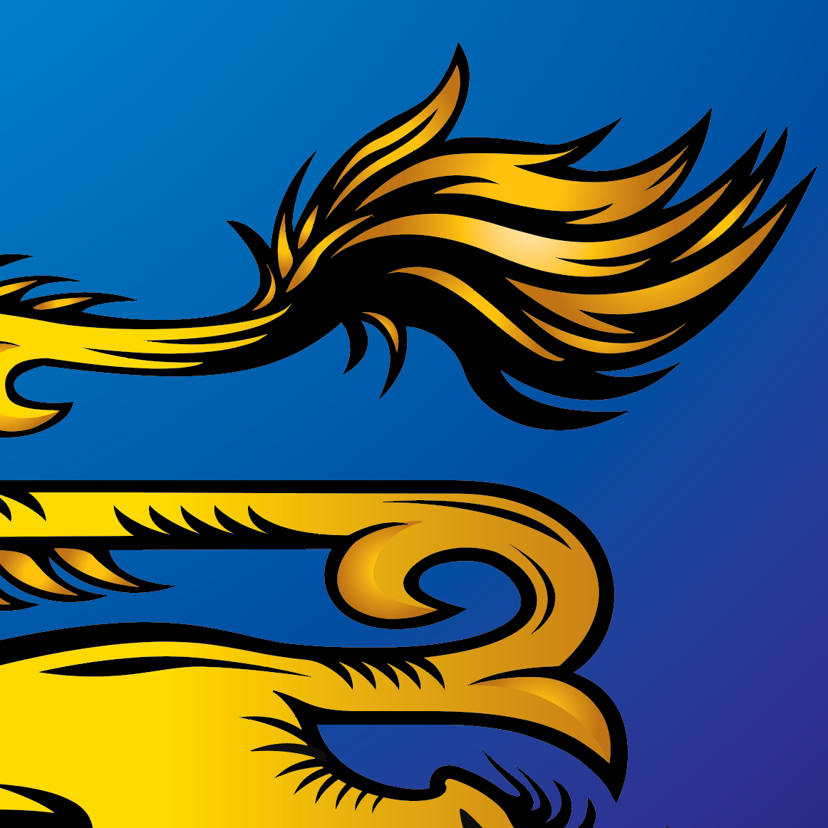 A close-up graphic of a stylised golden lion tail with bold black outlines on a blue gradient background.