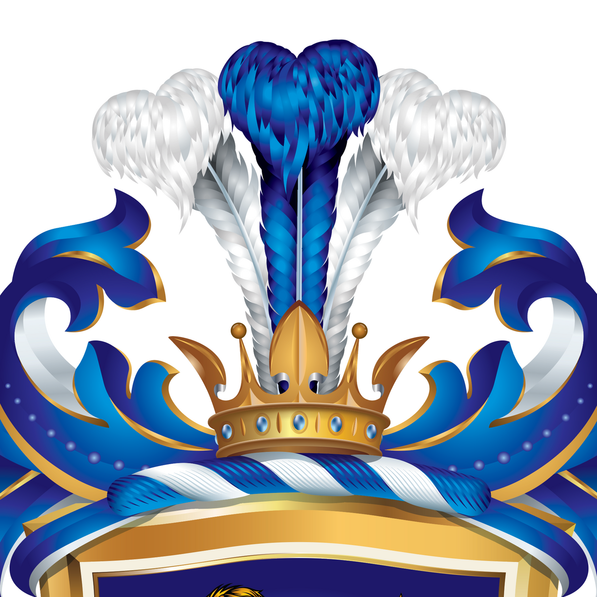 A stylised heraldic crest or coat of arms illustration on a white background, featuring a gold crown, blue and white feathers, blue and white scrollwork, and a blue-and-gold shield at the bottom.