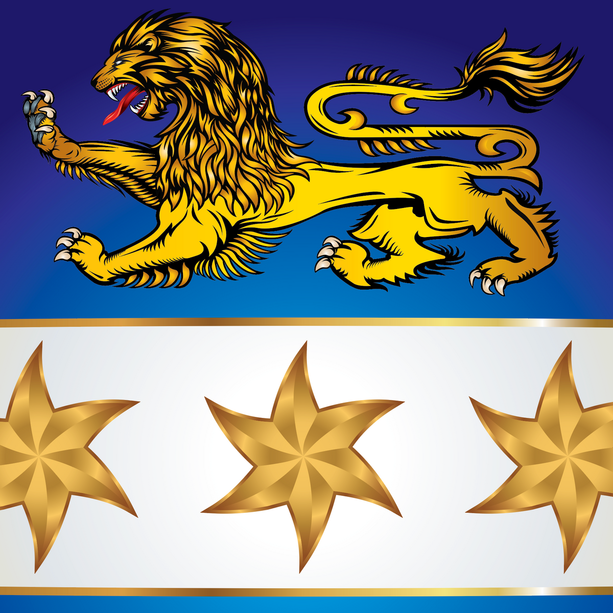A heraldic-style design featuring a golden lion rampant on a blue field above three gold stars on a white field, separated by thin gold lines.