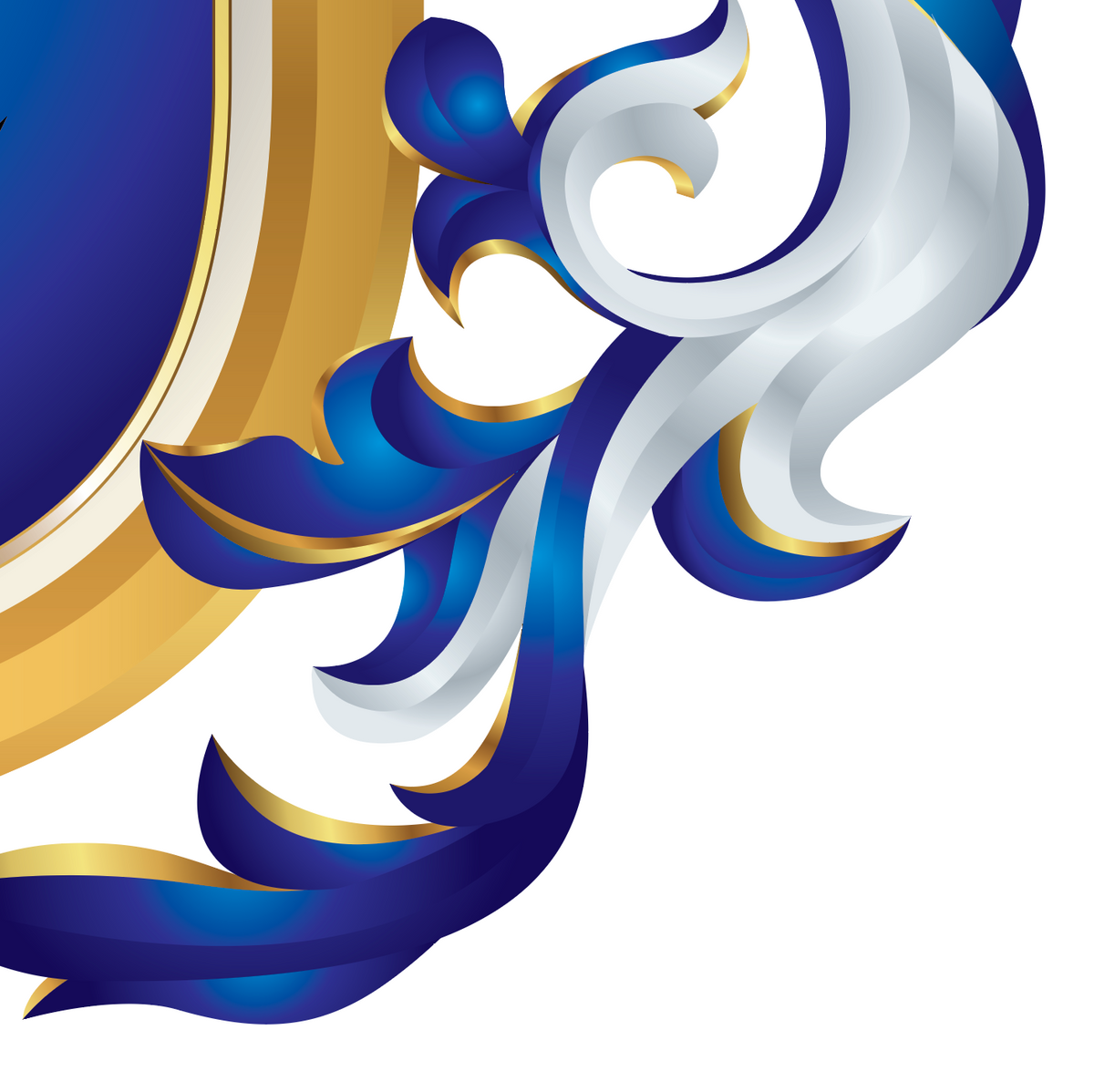 A close-up decorative graphic showing an ornate baroque-style mantling in deep blue, white, and metallic gold on a white background.