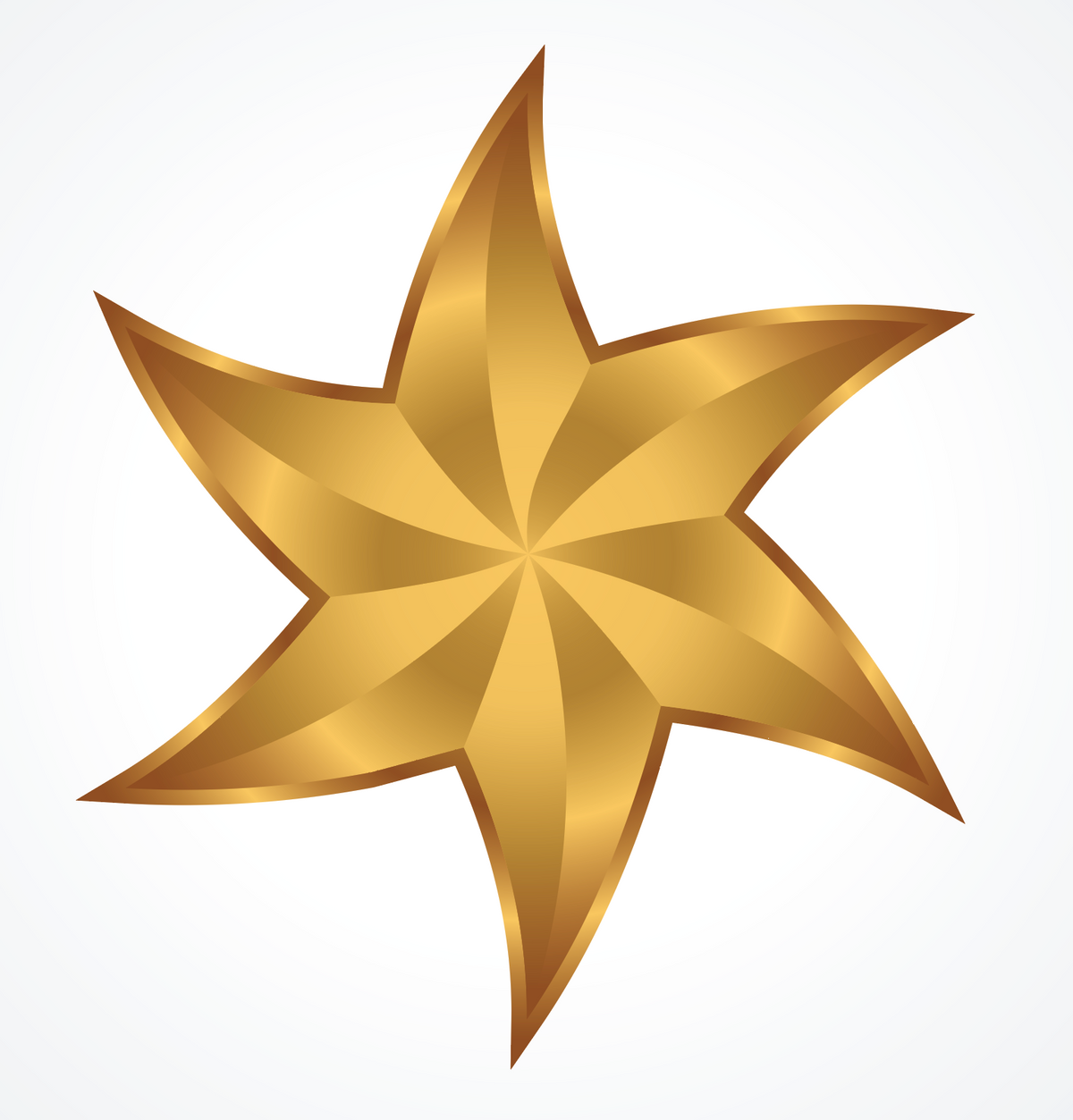 A metallic gold five-pointed star or compass-like emblem with a glossy, reflective finish, centered on a plain white background.